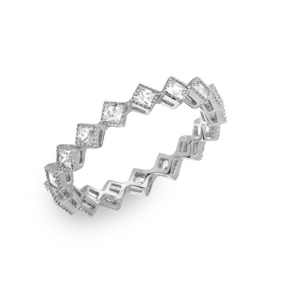 Sterling Rhodium 925 Rhodium Plated Diamond Shaped CZ Eternity Ring